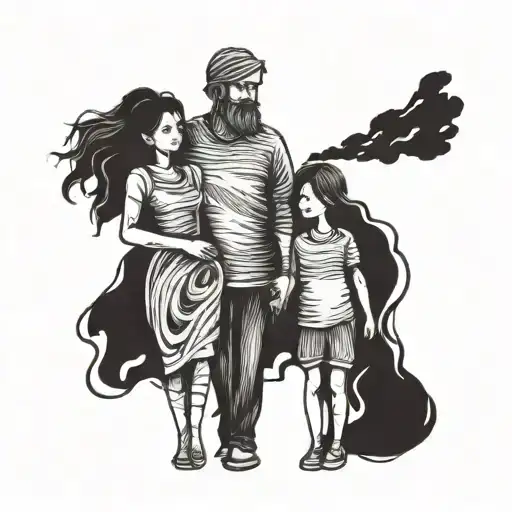 family of 4, mother, father and 2 daughters holding hands tattoo design idea