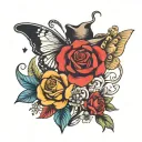 design me a tattoo with these elemnets a bytterfly, the maltese cresent, cowboy hat, a small heart, XOXO, I love you mor tattoo design idea