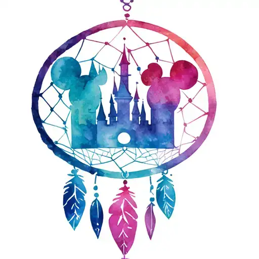 Disney castle with Mickey, Minnie and baby Mickey ears in a dream catcher style tattoo design idea