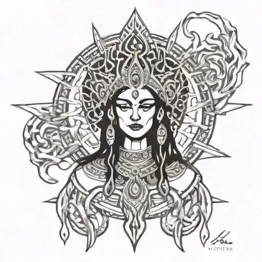 Kali mata with flames around her and make it very mystical and spritiual. tattoo design idea