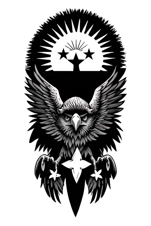 Philippine eaglenhead with three stars and a sun in black and white tattoo design idea