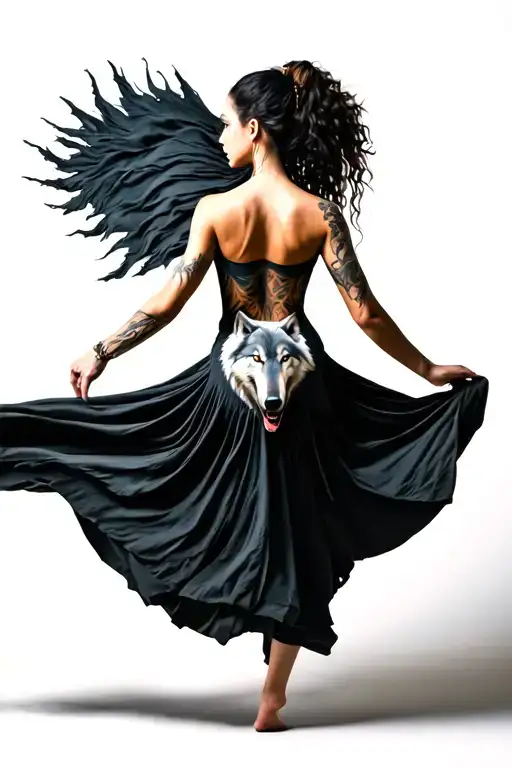 young woman warrior dancer from behind.  she has a wolf tattoo. fabric flows from her dress to make her appear to float tattoo design idea