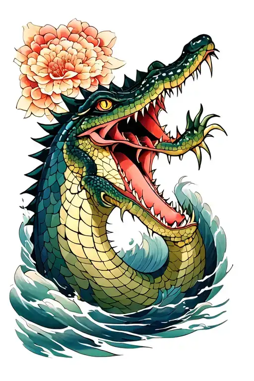 Japanese demon alligator swimming with mosaic like scales tattoo design idea
