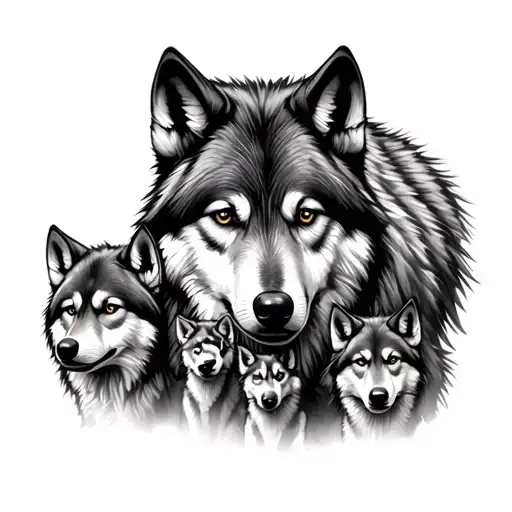 alpha wolf and 2 young wolves, and three wolf cubs tattoo design idea