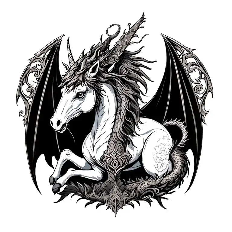 midieval dragon beside mythical unicorn full body tattoo design idea