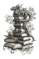 book stack top book open with tiny flower vine entwined around it all with realistic baby dragon silhouettes flying out. tattoo design idea