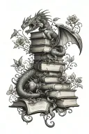 book stack top book open with tiny flower vine entwined around it all with realistic baby dragon silhouettes flying out. tattoo design idea