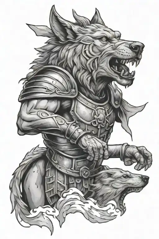 roman gladiator and wolf howling tattoo design idea