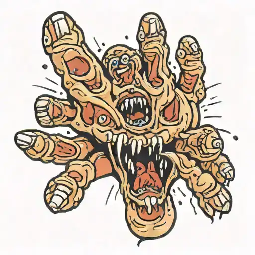 Hand rising from ground, ground is full of screaming heads tattoo design idea