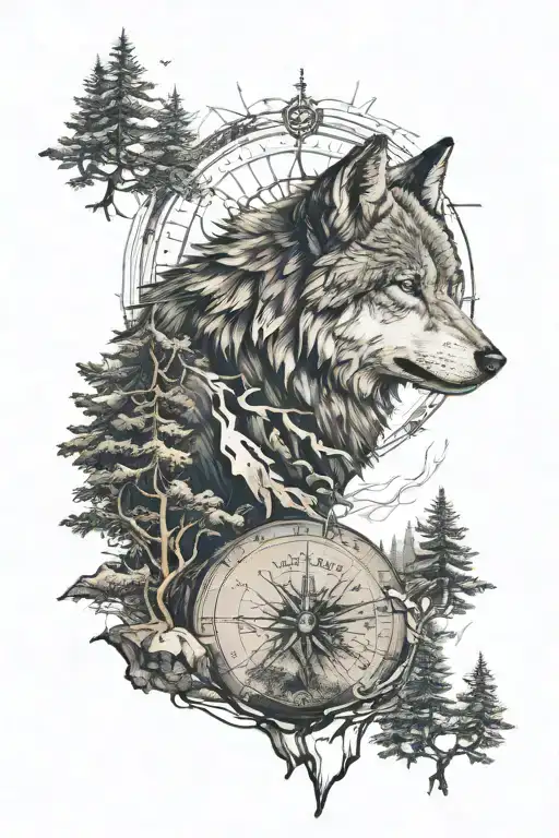 dense pineforest mountain landscape  wolf compass  tattoo design idea