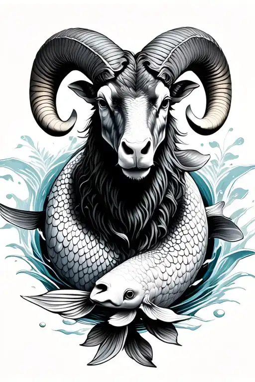 ram with 2 koi fish circling the ram water background tattoo design idea