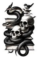 Dark Romance snake on a book and skull with a tiny bird tattoo design idea