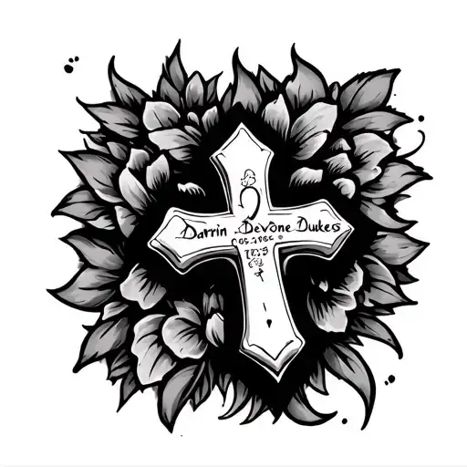 One of a kind cross tattoo design featuring Darrin Devone Dukes. 06/29/1976 - 03/23/25 tattoo design idea