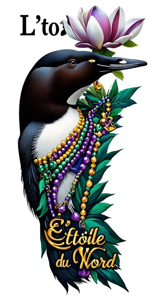 Minnesota and New Orleans theme with Mardi Gras beads, loon, the phrase L'Étoile du Nord, with magnolia  tattoo design idea