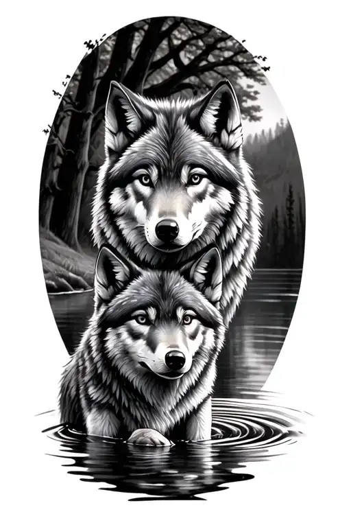 wolf looking at water seeing a wolf pup tattoo design idea