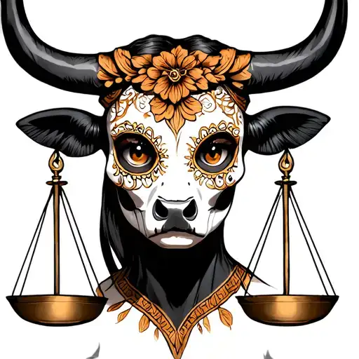woman bull with sugar skull markings, brown eyes and two Libra scales and dark background tattoo design idea