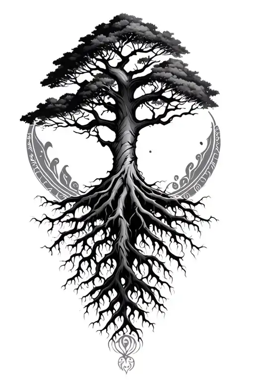 a tree with deep roots and patterns around it small tattoo design idea