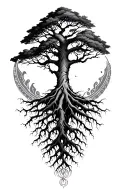 a tree with deep roots and patterns around it small tattoo design idea