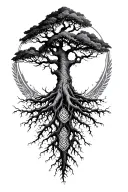 a tree with deep roots and patterns around it small tattoo design idea