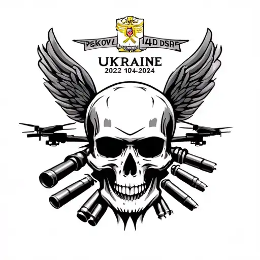 Airborne troops, artillery, mortar shells, bullets, few drones, inscription "Pskov 104 DSHP", "Ukraine 2022-2024", skull tattoo design idea