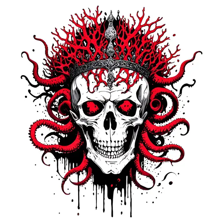 King Of Bones With A Coral Crown, Hades 2 Style, Eldritch, Tentacles, Lovecraftian, Deep Sea background  tattoo design idea