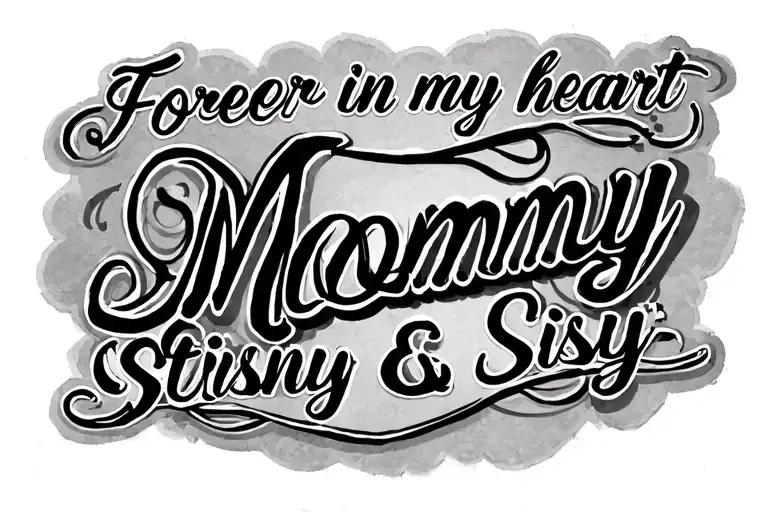 on the shoulder line and it says “Forever in my heart, Mommy & Sissy” in a straight line, then the tattoo design idea