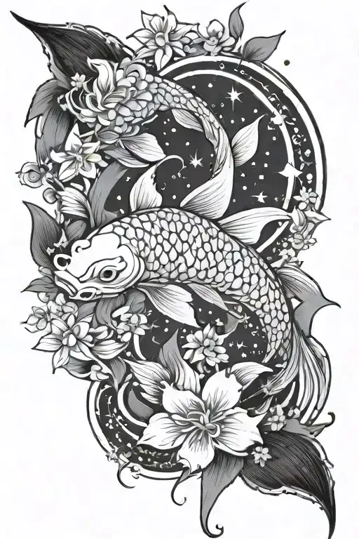 koi fish, flowers, stars, and moon merging together tattoo design idea