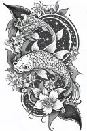 koi fish, flowers, stars, and moon merging together tattoo design idea