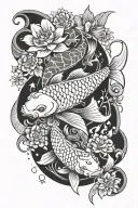 koi fish, flowers, stars, and moon merging together tattoo design idea