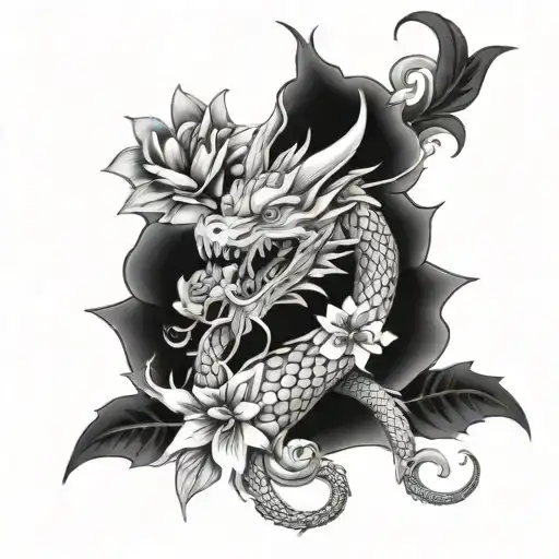 dainty dragon and flowers tattoo design idea