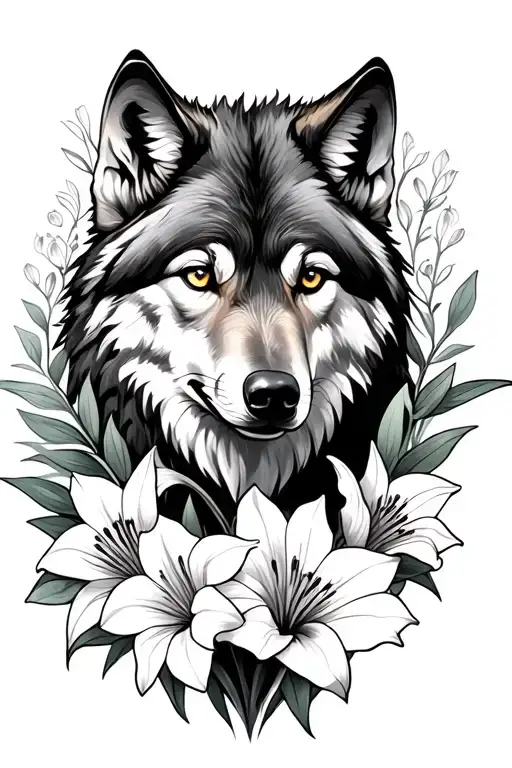 wolf with lilys surrounding tattoo design idea