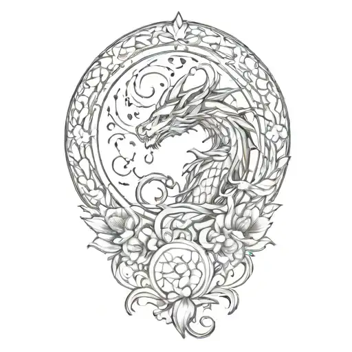 art nouveau, crescent moon, symmetrical floral, dragon silhouette in background  tattoo design idea