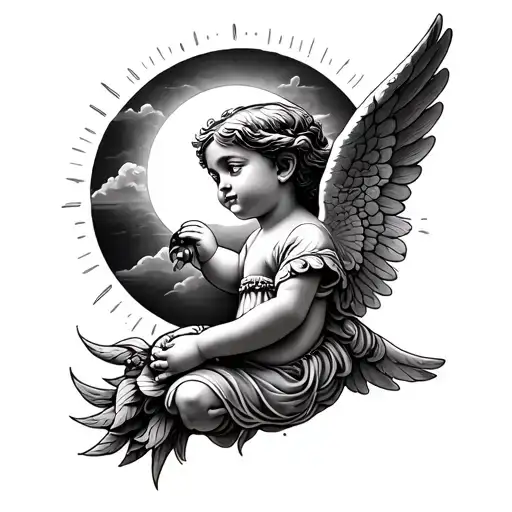 cherub angel with Filipino sun rising tattoo design idea