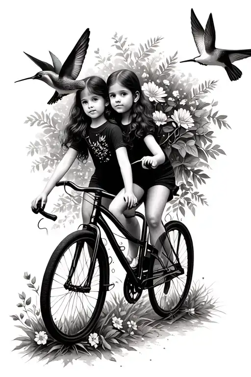 children on bikes cycling through forest nature scene with hummingbirds and flowers tattoo design idea