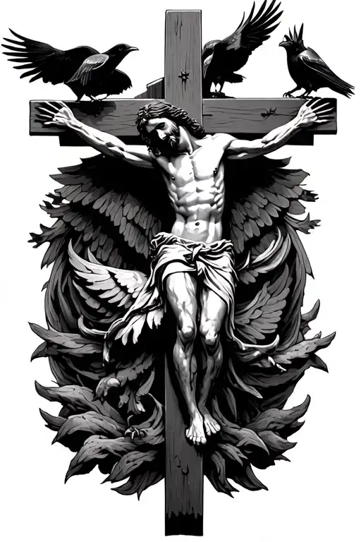 jesus on cross with crows perched and flying with claws tattoo design idea