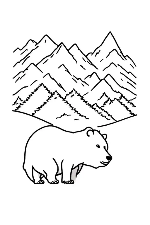 a bear in the forest with mountains across tattoo design idea
