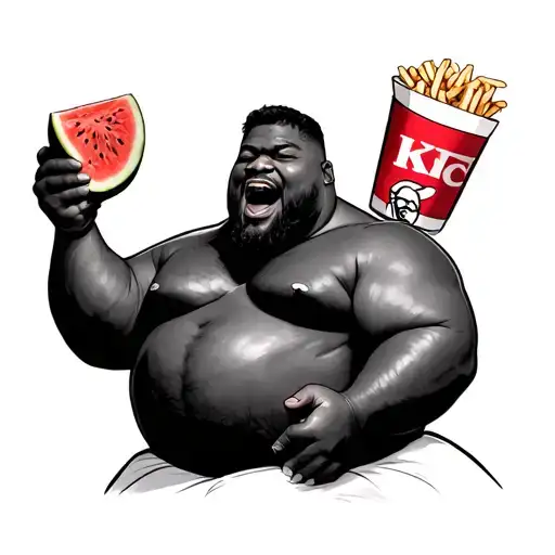 fat black man eating kfc with watermelon in one hand tattoo design idea