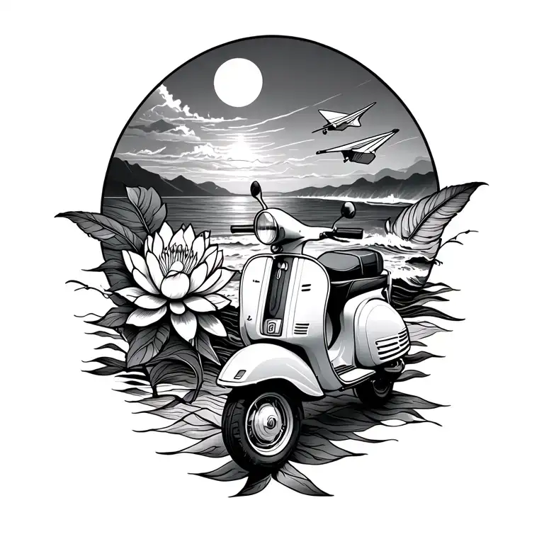 Line tattoo with a vespa, a lotus flower, the sun, a paper airplane, beach waves and a feather tattoo design idea