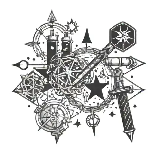 A constellation of love-themed symbols intertwined with pharmacy tools tattoo design idea