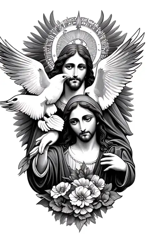 jesus christ and virgen mary 2 doves tattoo design idea
