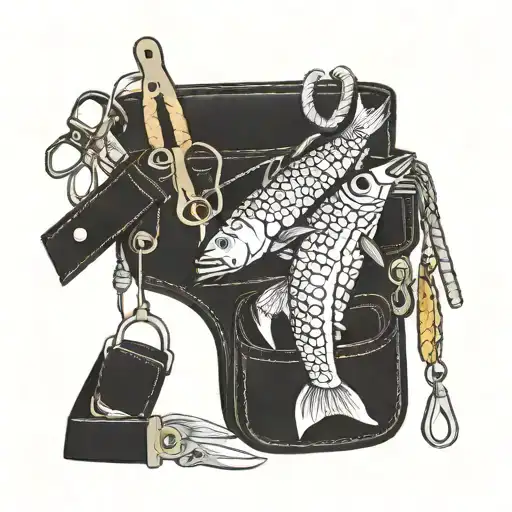 A carpenter's tool belt with fishing lures hanging from it, blending the client's occupation and hobby seamlessly tattoo design idea