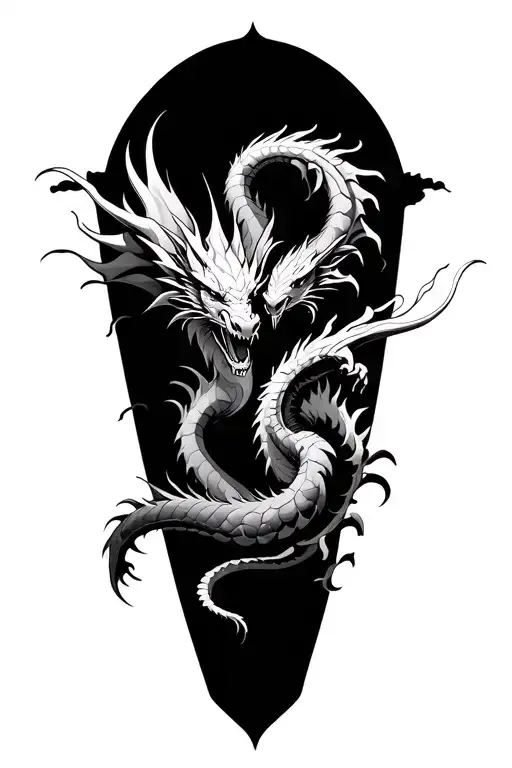 air and fire twin dragons fighting demons tattoo design idea