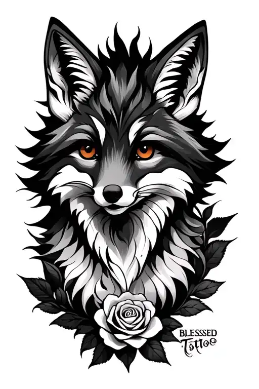angri fox looking,black spiny rose combinated with fox,blessed script tattoo design idea