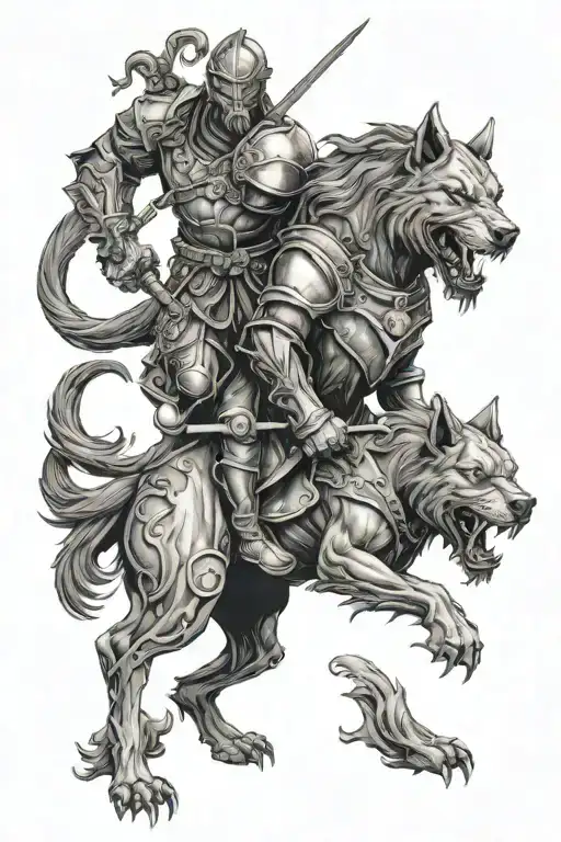 Goth knight holdin cerberus in an iron tattoo design idea
