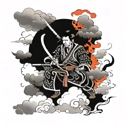samurai and clouds fire rain tattoo design idea