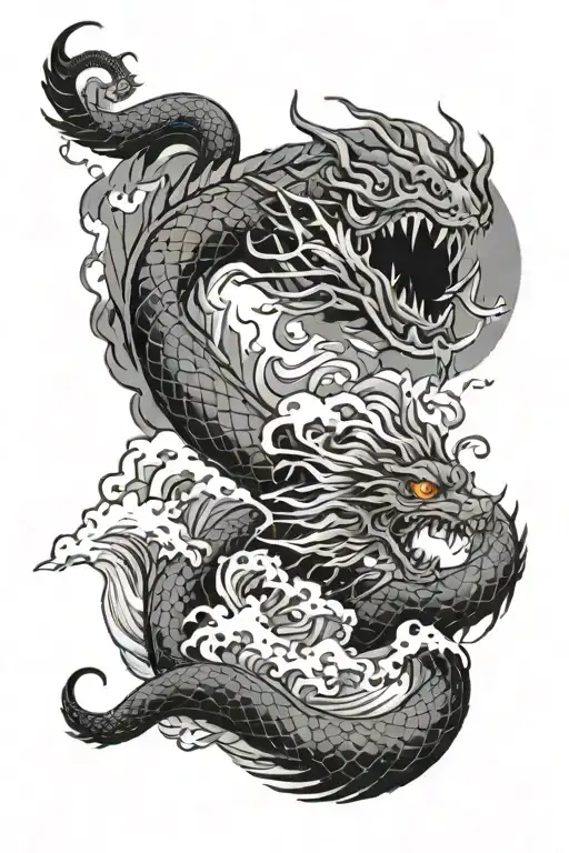 Japanese dragon breathing air on waves and a pirateship tattoo design idea