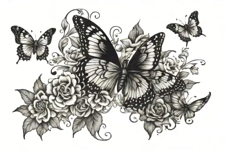 create a tattoo for me that will contain flowers and butterflies, it will have a dark center to cover the previous faile tattoo design idea