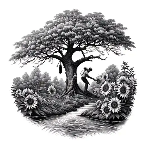 A detailed arborist climbing a tree surrounded by sunflowers and a flowing creek tattoo design idea