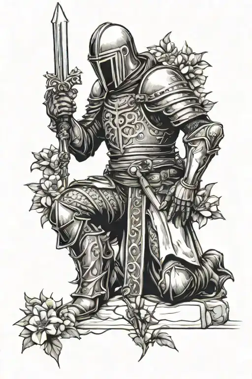 Templar knight kneeling holding 6 flowers tattoo design idea