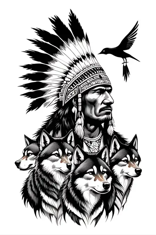 Native American male with wolf headress with 3 small wolves and small garza bird on the right side tattoo design idea